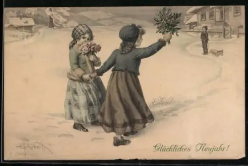 Künstler-AK H.Schubert: Mädchen winken dem Jungen zu