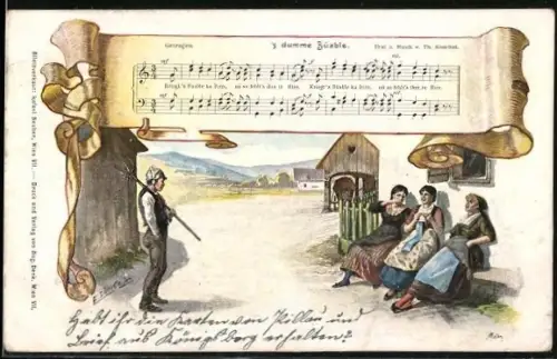 Künstler-AK E. Döcker: Frauen in Trachten beim Tuscheln über einen Bauern mit Mistgabel, Liedzeilen