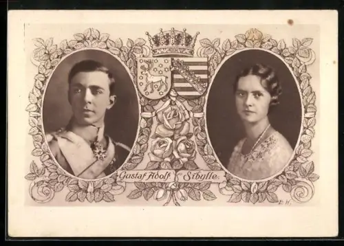 AK Portraits von Gustav Adolf von Schweden und Prinzessin Sibylle von Sachsen-Coburg-Gotha zur Vermählung, Wappen