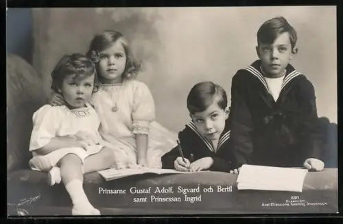 AK Prinz Gustav Adolf, Sigvard u. Bertil sowie Prinzessin Ingrid von Schweden