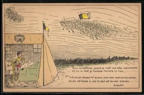 AK König Albert von Belgien in Uniform, Soldaten mit Fahne