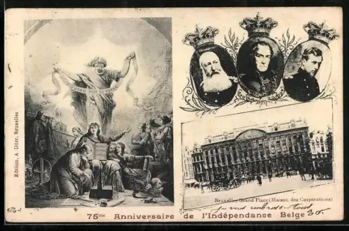 AK Bruxelles, Grand`Place et Maison des Corporations, 75me Anniversaire de l`Indépendance Belge