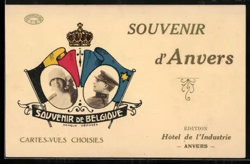 AK Anvers, Königspaar von Belgien in Flaggen, Passepartout
