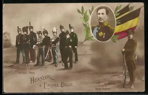 AK König Albert von Belgien mit Flaggen, Soldaten in Uniform