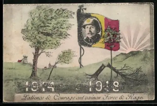 AK König Albert von Belgien in Flagge, 1914-18, Umgestürzter Baum