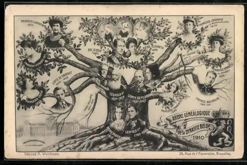 AK Stammbaum des belgischen Königshauses, Wappen, Porträts