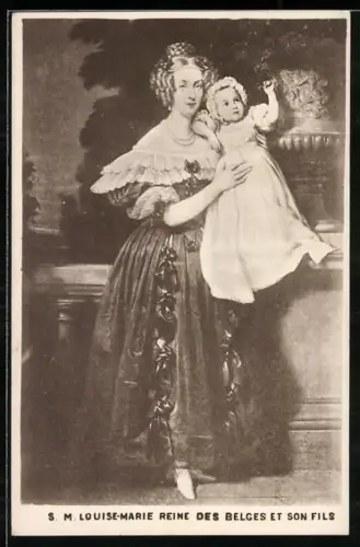 AK S. M. Louise-Marie Reine des Belges et son fils