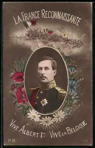 AK France, König Albert I. von Belgien in Uniform, Soldaten mit Fahnen