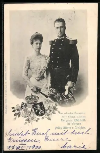 AK Herzogin Elisabeth in Bayern und Prinz Albert von Belgien zu ihrer Hochzeit