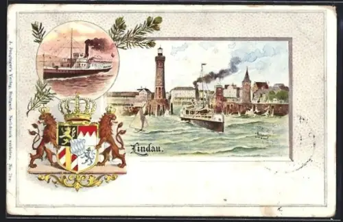 Passepartout-Lithographie Lindau / Bodensee, Dampfer verlässt den Hafen, Wappen