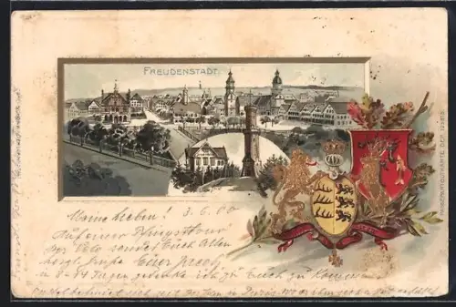 Passepartout-Lithographie Freudenstadt, Blick über Ort, Friedrichshöhe, Wappen