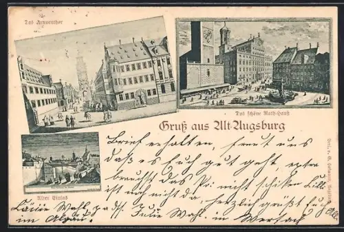Lithographie Alt-Augsburg, Schönes Rathaus, Frauentor, Alter Einlass