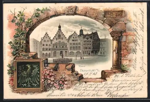 Passepartout-Lithographie Alt-Frankfurt, Römer mit Brunnen