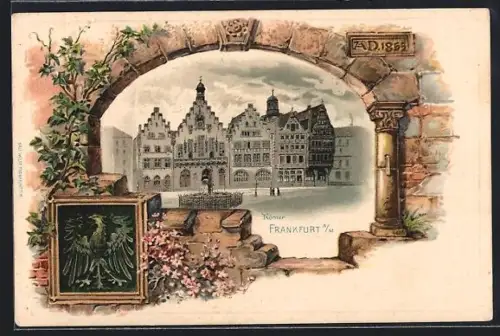Passepartout-Lithographie Alt-Frankfurt, Römer mit Brunnen