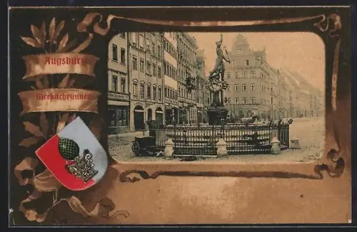 Passepartout-Lithographie Augsburg, Strassenpartie mit Geschäften und Merkurbrunnen, Wappen