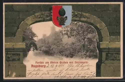 Passepartout-Lithographie Augsburg, Oberer Graben mit Sternwarte, Wappen