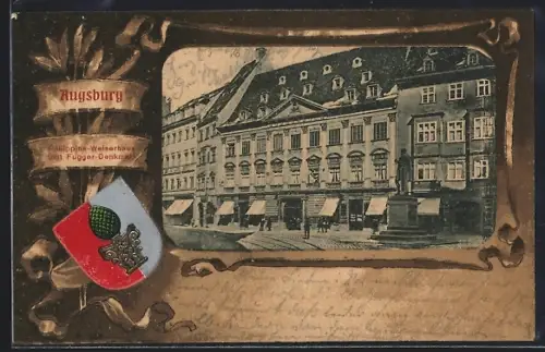 Passepartout-Lithographie Augsburg, Philippine-Welserhaus mit Fugger-Denkmal, Wappen