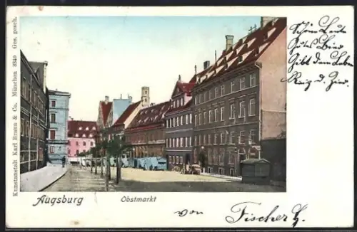 Goldfenster-AK Augsburg, Obstmarkt mit leuchtenden Fenstern