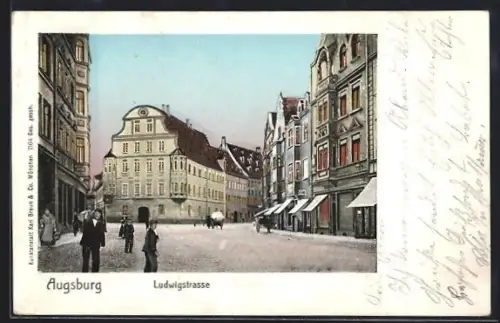 Goldfenster-AK Augsburg, Ludwigstrasse mit leuchtenden Fenstern