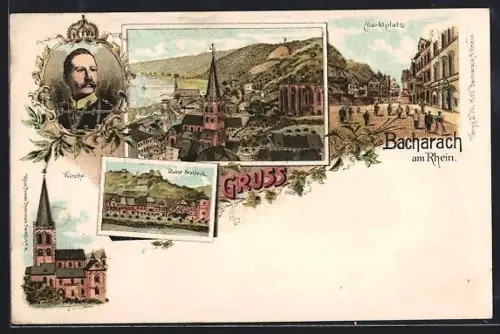 Lithographie Bacharach, Kirche, Ruine Stahleck, Marktplatz & Ortsansicht