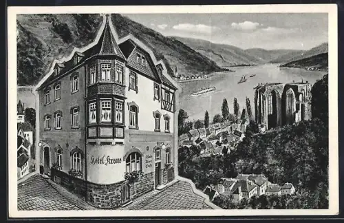 AK Bacharach / Rhein, Ortspanorama mit Hotel Krone
