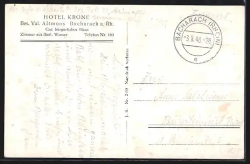 AK Bacharach / Rhein, Ortspanorama mit Hotel Krone
