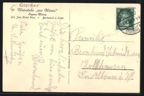 AK Bacharach a. Rh., Gasthof Weinstube zur Münze Jak. Eichel Witwe