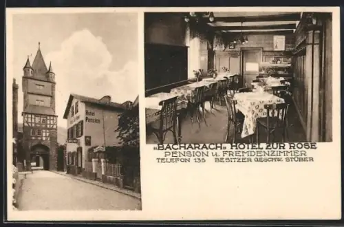 AK Bacharach, Hotel Pension zur Rose, Innen- und Aussenansicht