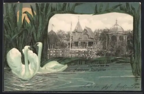 Lithographie Augsburg, Cafe mit See im Augsburger Stadtgarten, Schwäne im Schilf, Passepartout