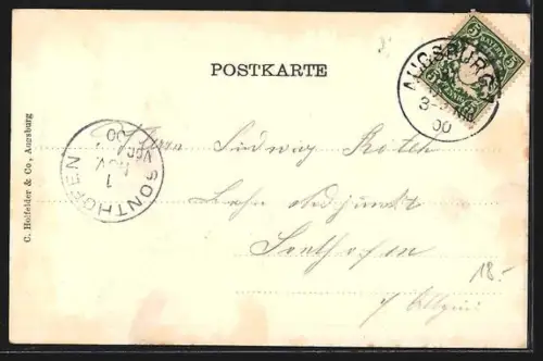 Lithographie Augsburg, Cafe mit See im Augsburger Stadtgarten, Schwäne im Schilf, Passepartout