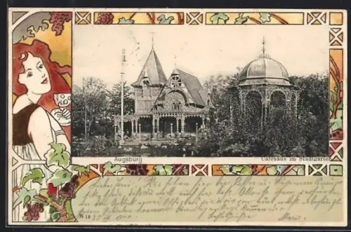 Lithographie Augsburg, Cafe im Stadtgarten, Frau mit Weinglas, Passepartout