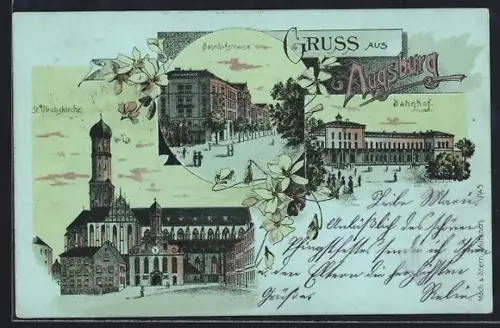 Lithographie Augsburg, Bahnhofstrasse, St. Ulrichskirche, Bahnhof