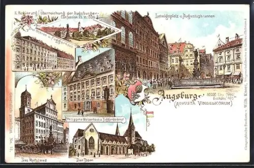 Lithographie Augsburg, Gasthaus Drei Mohren und Fuggerhaus, Philipppine Walserhaus und Fuggerdenkmal, Der Dom