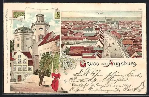 Lithographie Augsburg, Totalansicht mit Strassenpartie, Wassertürme