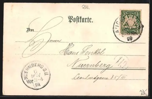 Lithographie Augsburg, Totalansicht mit Strassenpartie, Wassertürme