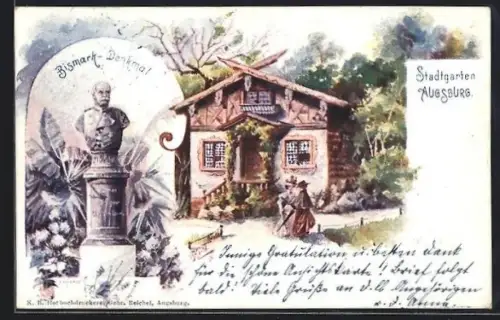 Lithographie Augsburg, Partie am Cafe im Stadtgarten & Bismarck-Denkmal