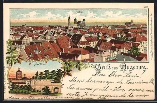 Lithographie Augsburg, Totalansicht, Rotes Tor