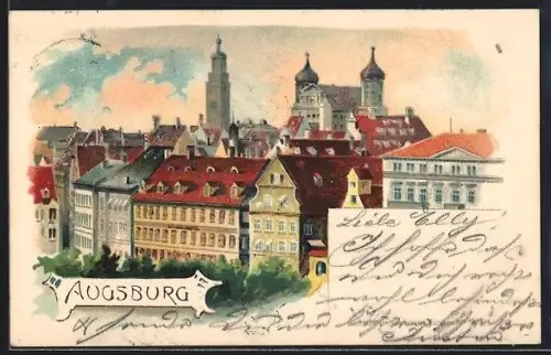 Lithographie Augsburg, Teilansicht mit Turm