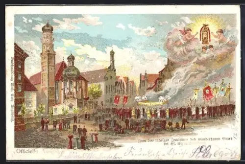 Lithographie Augsburg, Zum 700 Jähr. Jubiläum des wunderbaren Gute, Prozession