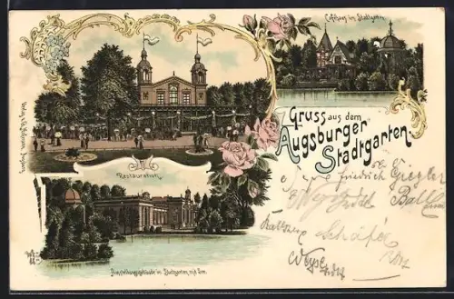 Lithographie Augsburg, Cafe im Stadtgarten, Restaurant, Ausstellungsgebäude mit See