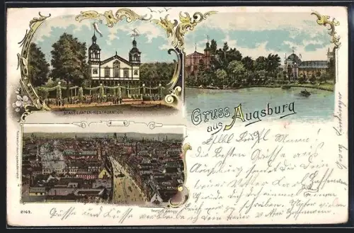 Lithographie Augsburg, Stadtgarten-Restauration, Uferpartie und Boot, Teilansicht & Strassenpartie von St. Ulrich