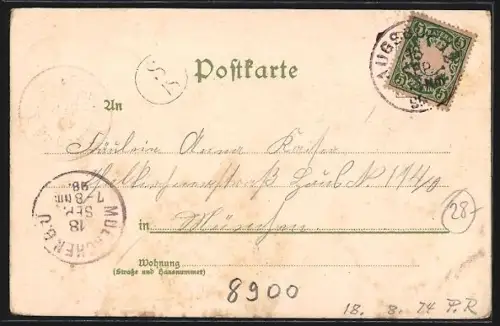 Lithographie Augsburg, Stadtgarten-Restauration, Uferpartie und Boot, Teilansicht & Strassenpartie von St. Ulrich