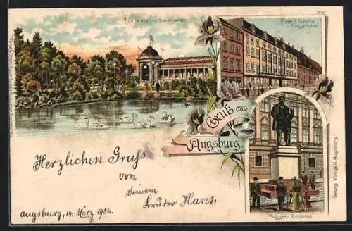 Lithographie Augsburg, Hotel drei Mohren und Fuggerhaus, Stadtgarten, Fugger-Denkmal