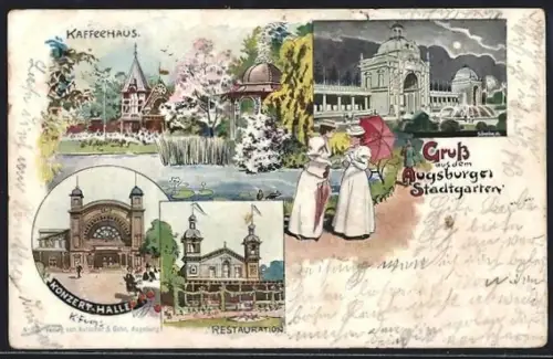 Künstler-AK Augsburg, das Kaffeehaus, der Stadtgarten, Restauration, die Konzerthalle