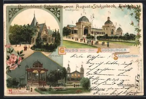 Lithographie Augsburg, Stadtgarten in verschiedenen Teilansichten