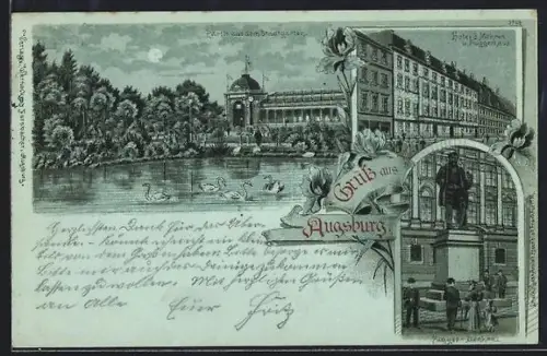 Mondschein-Lithographie Augsburg, Hotel drei Mohren und Fuggerhaus, Stadtgarten, Fugger-Denkmal
