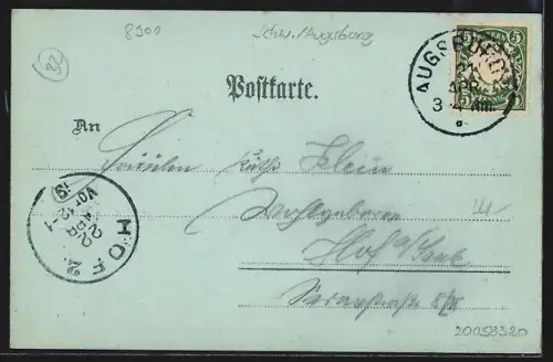 Mondschein-Lithographie Augsburg, Hotel drei Mohren und Fuggerhaus, Stadtgarten, Fugger-Denkmal