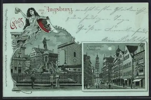 Mondschein-Lithographie Augsburg, Maximilianstrasse und Perlachturm, Augustusbrunnen