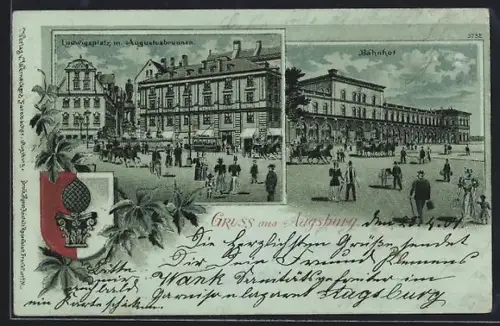 Mondschein-AK Augsburg, Ludwigsplatz mit Augustusbrunnen, Bahnhof, Wappen