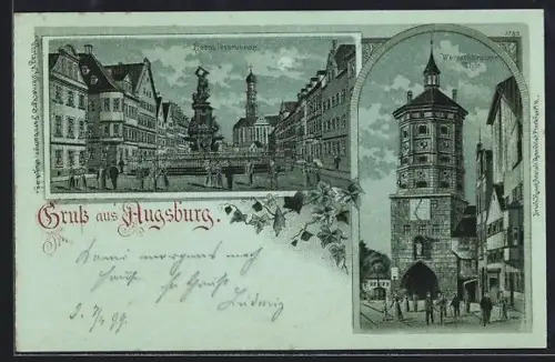 Mondschein-AK Augsburg, Wertachbrucker Tor, Herculesbrunnen